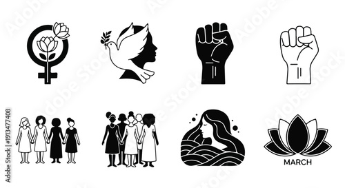 A collection of eight black and white icons depicting various symbols and figures related to social justice and activism on a plain white background with a bold and striking visual style.