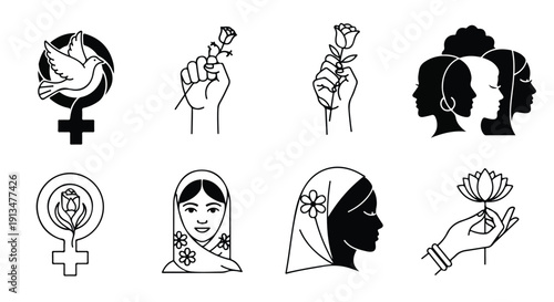 Black and white line art illustrations of various feminist symbols and female figures on a plain white background with a mix of bold and delicate lines.