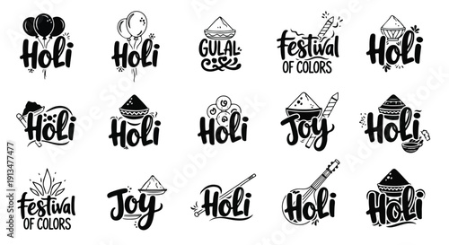 Collection of black Holi festival illustrations with colorful text and symbols on white background.