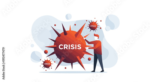 Man Touching a Giant Virus Symbolizing Economic or Social Crisis with Smaller Viruses