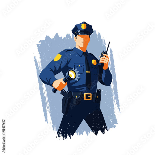 Police Officer Holding Flashlight and Radio