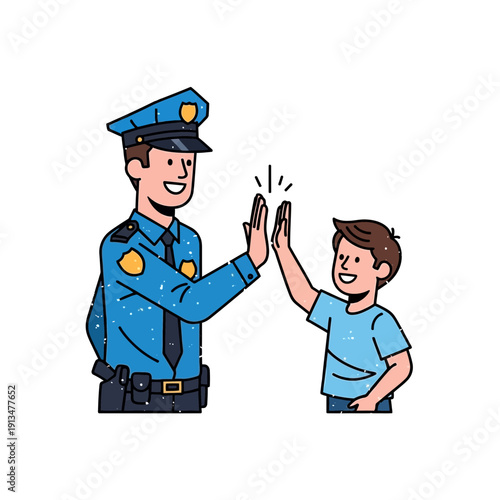 Police officer giving high five to smiling boy, community engagement