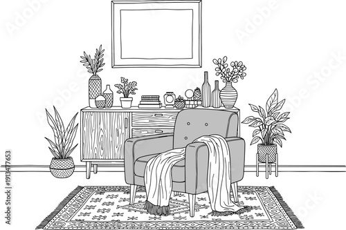 A cozy living room scene with furniture, plants, and decor viewed from a slight angle, showcasing a comfortable, relaxing, and inviting atmosphere.