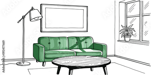A green sofa and round coffee table in a minimalist living room with a floor lamp and potted plant by the window