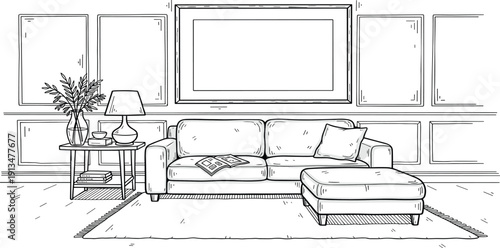 Line drawing of a modern living room with sofa, ottoman, side table, and lamp viewed from the front.