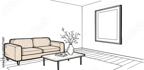 A minimalist living room scene featuring a sofa, coffee table, and vase with flowers, viewed from a corner perspective.