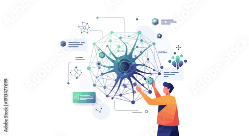 Scientific concept of a neuron and a person interacting with it conceptually