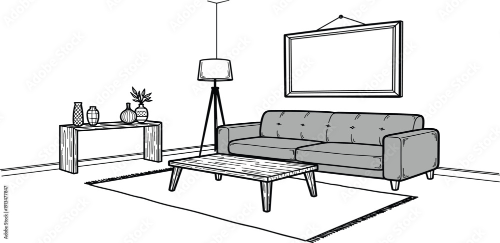 Fototapeta premium Modern living room interior with sofa, coffee table, and lamp viewed from above in a minimalist setting