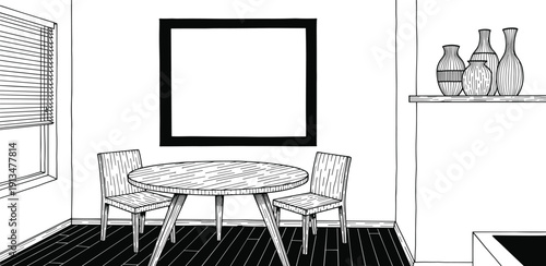 A black and white illustration of a dining room with a round table and chairs viewed from above in a minimalist interior