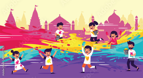Vibrant illustration of children running and playing in a colorful street scene with a city skyline and abstract paint splatters in the background.