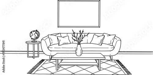 A modern living room scene with a sofa, coffee table, and decorative vase, viewed from the front in a minimalist style.