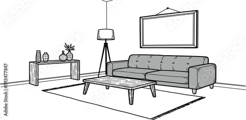 Modern living room interior with sofa, coffee table, and lamp viewed from above in a minimalist setting