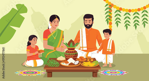 Illustration of an Indian family celebrating a traditional festival with a meal on a low table in a decorated home with warm colors.