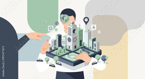 Abstract illustration of smart city concept with people holding urban model