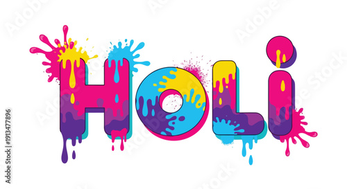 Vibrant colorful typographic representation of the word 'HOLI' with paint splatters on a white background.