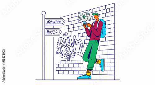 A young person tags graffiti on a brick wall while wearing a backpack and standing near a signpost with multiple directions