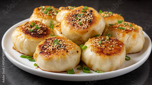 白い皿に盛り付けられたこんがりとした焼き色と胡麻が食欲をそそる熱々の焼き小籠包