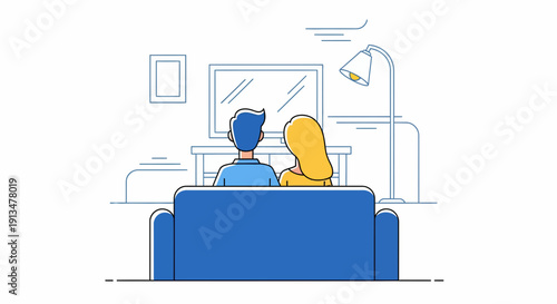 Couple watching television together on a couch in a living room from behind