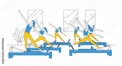 People exercising on reformer machines in a fitness studio with equipment and plants visible from an overhead viewpoint