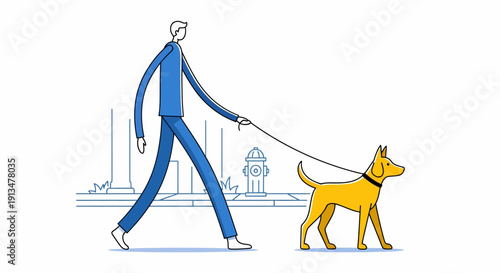 Serene Walking Man and Dog Leash in Cityscape Illustration from a Street View