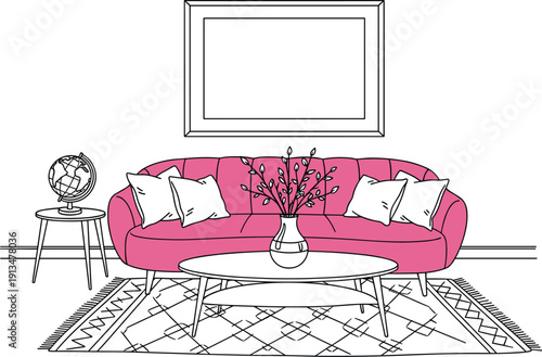 A modern living room scene with a vibrant pink sofa, white pillows, and a vase with branches on a coffee table, viewed from the front.