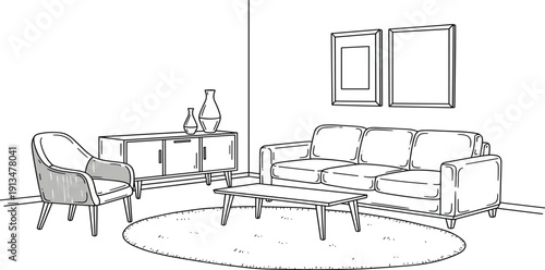 A modern living room scene with sofa, chair, coffee table, and sideboard viewed from the front.