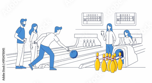 Man Bowling, Women Watching, Lane, Pins, Alley, Scene, Action