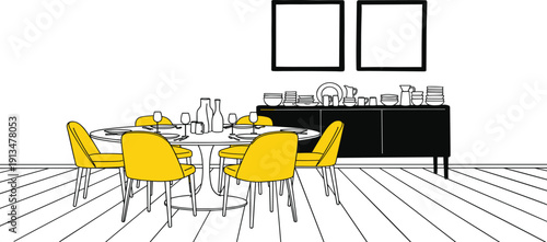 Illustration of a dining area with yellow chairs and a black sideboard viewed from the front in a modern interior