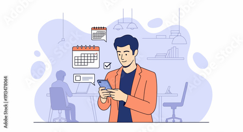 Illustrated front view of a man checking his phone in a modern office with desk, window, cityscape, and calendar