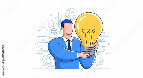 Illustration of Man Holds Lightbulb Idea in Blue Suit, Inspiring Creativity Front View