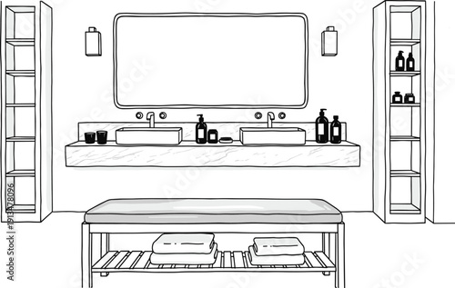 Modern bathroom interior illustration with shelves, mirror, and accessories from a frontal viewpoint