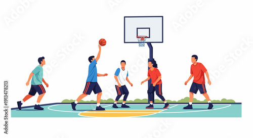 Five Men Play Basketball on Outdoor Court in Cartoon Illustration, Lively Action from Side View