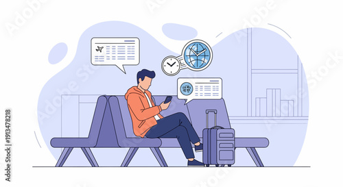 Man sits on purple bench, planning travel with tablet, speech bubbles above, suitcase beside him, cartoon style, light purple backdrop