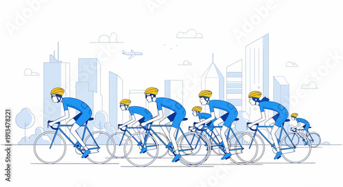 Cyclists race across a blue city skyline on white bicycles, capturing a sunny daylight event