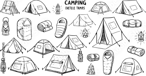 Camping Equipment: Hand-Drawn Tents, Backpacks, Sleeping Bags  Lanterns Vector Illustration