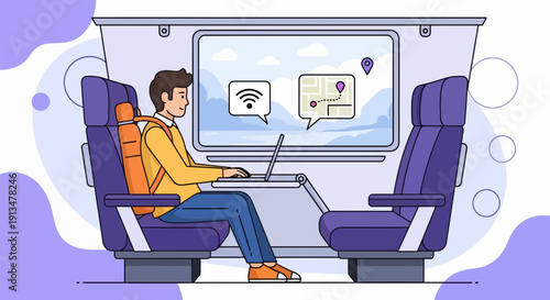 Man Works on Laptop in Train Chair, WiFi and Lock Icons Above Window During Daily Commute