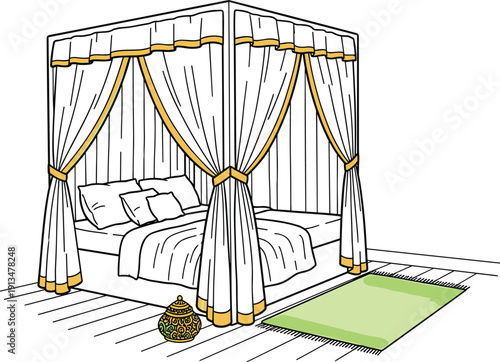 Elegant line art illustration of a classic canopy bed with draped curtains, cozy pillows, and a green rug, perfect for luxury bedroom decor and home comfort concepts