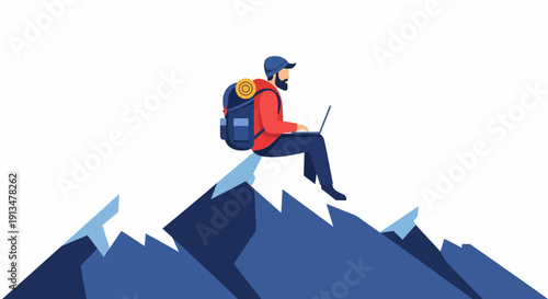 Man with Red Jacket, Blue Cap, and Backpack Typing on Laptop at Peak Viewpoint