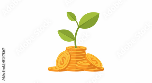 Illustration of a plant with leaves and stem growing out of a pile of gold coins against a white background, symbolizing growth and prosperity