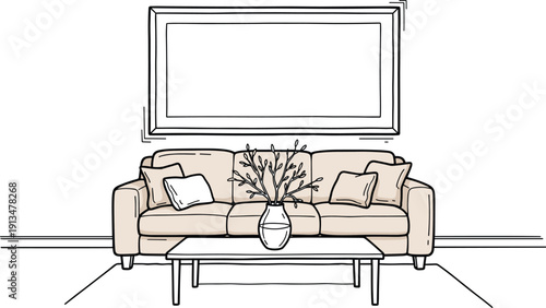 A modern living room scene featuring a sofa, coffee table, and decorative vase with branches, viewed from the front in a minimalist interior.