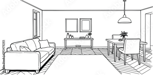Monochrome illustration of a cozy open-plan living and dining space, showcasing modern home interior design and comfortable furniture arrangement for family life