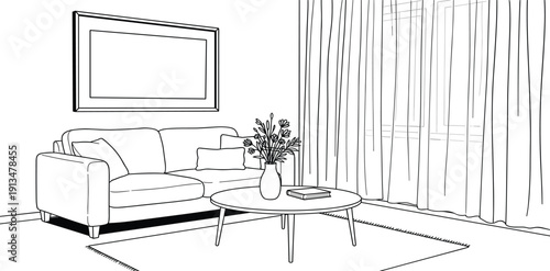 Elegant outline drawing of a modern living room interior, showcasing a comfortable sofa, coffee table with decorative elements, and a large framed picture on the wall, ideal for design concepts