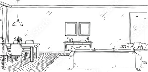 A sketch of a modern living room with furniture and dining area in a minimalist style from a frontal viewpoint