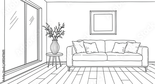 Hand-drawn sketch of a contemporary living room interior featuring a comfortable sofa, decorative plant in a vase, and a large bright window, ideal for interior design projects