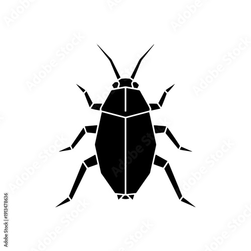 A professional black silhouette of a cockroach with a geometric, symmetrical design. Ideal for pest control branding, biology diagrams, or nature icons.