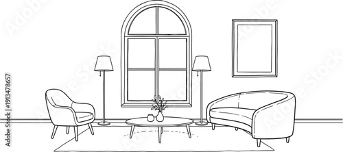 Drawing of a living room interior with arched window, two chairs, a sofa, coffee table, lamps, and framed art on the wall