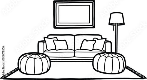 Line art illustration of a cozy living room interior setup. Modern sofa, decorative poufs, floor lamp, and framed picture create a warm, inviting home design concept