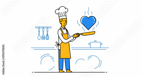 Cartoon chef holds frying pan with blue heart over kitchen counter, smiling, standing in kitchen backdrop