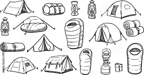 Camping Gear Doodles: Tents, Sleeping Bags, Lanterns  Accessories in Hand-Drawn Style