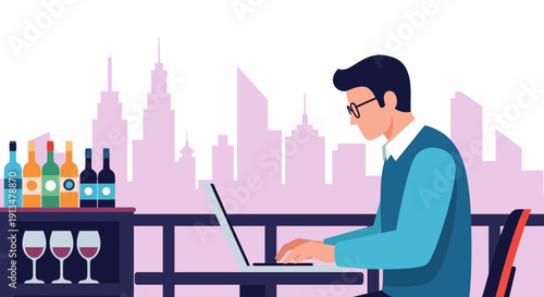 Man Working on Laptop at Rooftop Table with City Skyline and Wine, Outdoor Productivity Scene